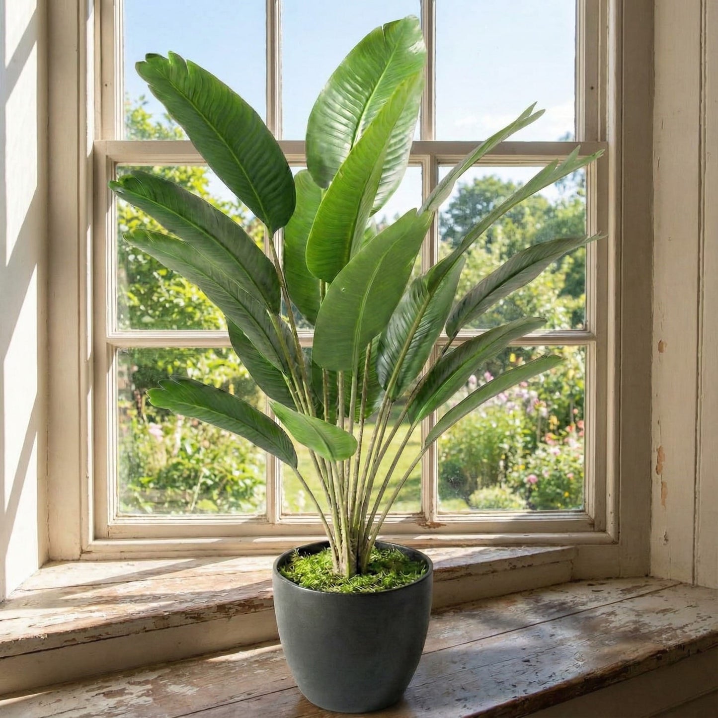 Dekorly Plastic Artificial Banana Plants Leaves Faux Turtle Leaf Fake Monstera Tropical Large Tree Outdoor Leaf Decorations | 18 Leaves | 26Inch (Black Pot | Only One)