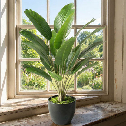 Dekorly Plastic Artificial Banana Plants Leaves Faux Turtle Leaf Fake Monstera Tropical Large Tree Outdoor Leaf Decorations | 18 Leaves | 26Inch (Black Pot | Only One)