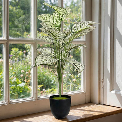Dekorly Plastic Artificial Palm Plants Leaves Faux Turtle Leaf Fake Monstera Tropical Large Palm Tree Leaves Outdoor Leaf Decorations | 26Inch Plants with Blackpot (White-Green-Leaves)