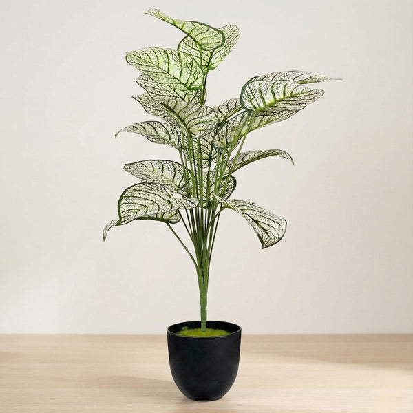 Dekorly Plastic Artificial Palm Plants Leaves Faux Turtle Leaf Fake Monstera Tropical Large Palm Tree Leaves Outdoor Leaf Decorations | 26Inch Plants with Blackpot (White-Green-Leaves)