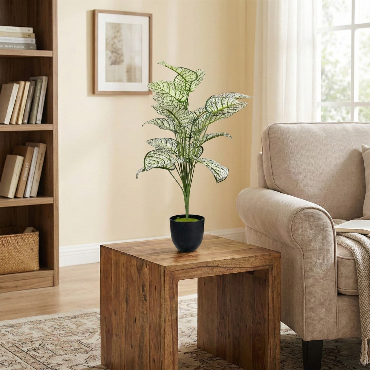 Dekorly Plastic Artificial Palm Plants Leaves Faux Turtle Leaf Fake Monstera Tropical Large Palm Tree Leaves Outdoor Leaf Decorations | 26Inch Plants with Blackpot (White-Green-Leaves)