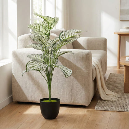 Dekorly Plastic Artificial Palm Plants Leaves Faux Turtle Leaf Fake Monstera Tropical Large Palm Tree Leaves Outdoor Leaf Decorations | 26Inch Plants with Blackpot (White-Green-Leaves)