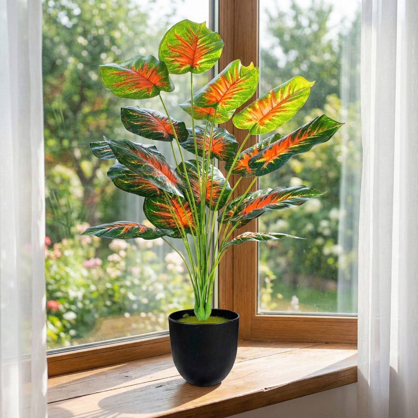 Dekorly Plastic Artificial Palm Plants Leaves Faux Turtle Leaf Fake Monstera Tropical Large Palm Tree Leaves Outdoor Leaf Decorations | 26Inch Plants with Blackpot (Red Leaves)