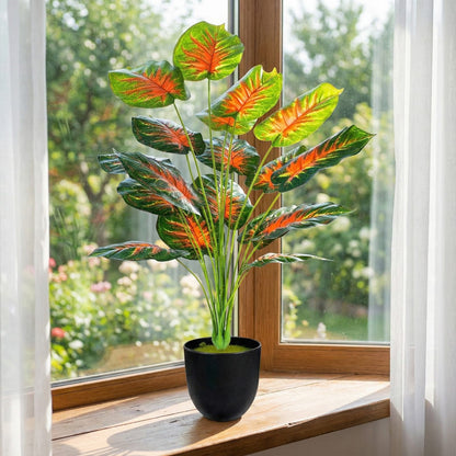 Dekorly Plastic Artificial Palm Plants Leaves Faux Turtle Leaf Fake Monstera Tropical Large Palm Tree Leaves Outdoor Leaf Decorations | 26Inch Plants with Blackpot (Red Leaves)