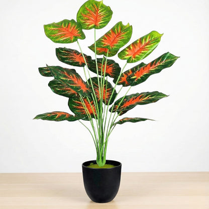 Dekorly Plastic Artificial Palm Plants Leaves Faux Turtle Leaf Fake Monstera Tropical Large Palm Tree Leaves Outdoor Leaf Decorations | 26Inch Plants with Blackpot (Red Leaves)