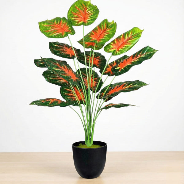Dekorly Plastic Artificial Palm Plants Leaves Faux Turtle Leaf Fake Monstera Tropical Large Palm Tree Leaves Outdoor Leaf Decorations | 26Inch Plants with Blackpot (Red Leaves)