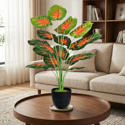 Dekorly Plastic Artificial Palm Plants Leaves Faux Turtle Leaf Fake Monstera Tropical Large Palm Tree Leaves Outdoor Leaf Decorations | 26Inch Plants with Blackpot (Red Leaves)