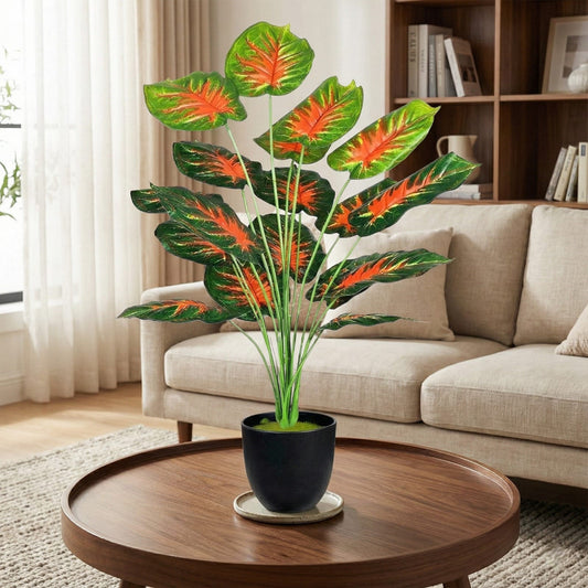 Dekorly Plastic Artificial Palm Plants Leaves Faux Turtle Leaf Fake Monstera Tropical Large Palm Tree Leaves Outdoor Leaf Decorations | 26Inch Plants with Blackpot (Red Leaves)