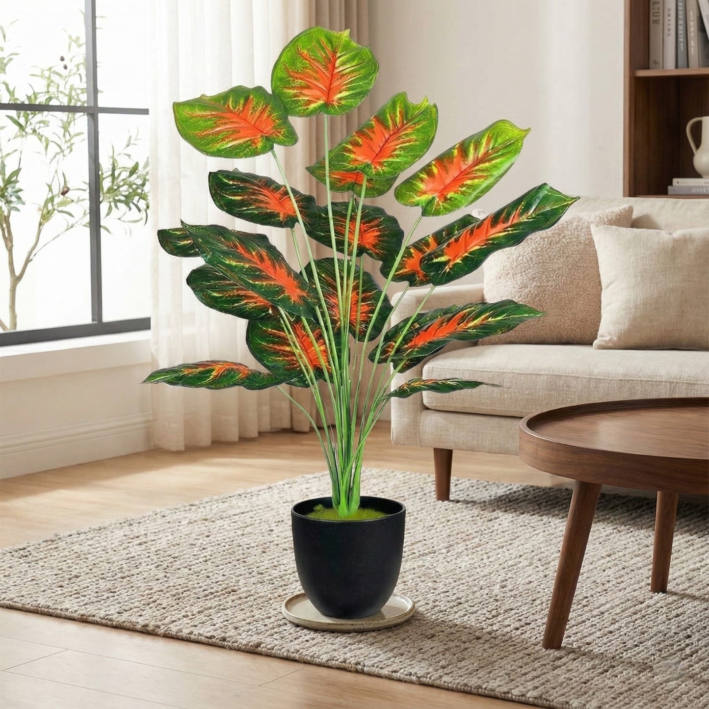 Dekorly Plastic Artificial Palm Plants Leaves Faux Turtle Leaf Fake Monstera Tropical Large Palm Tree Leaves Outdoor Leaf Decorations | 26Inch Plants with Blackpot (Red Leaves)