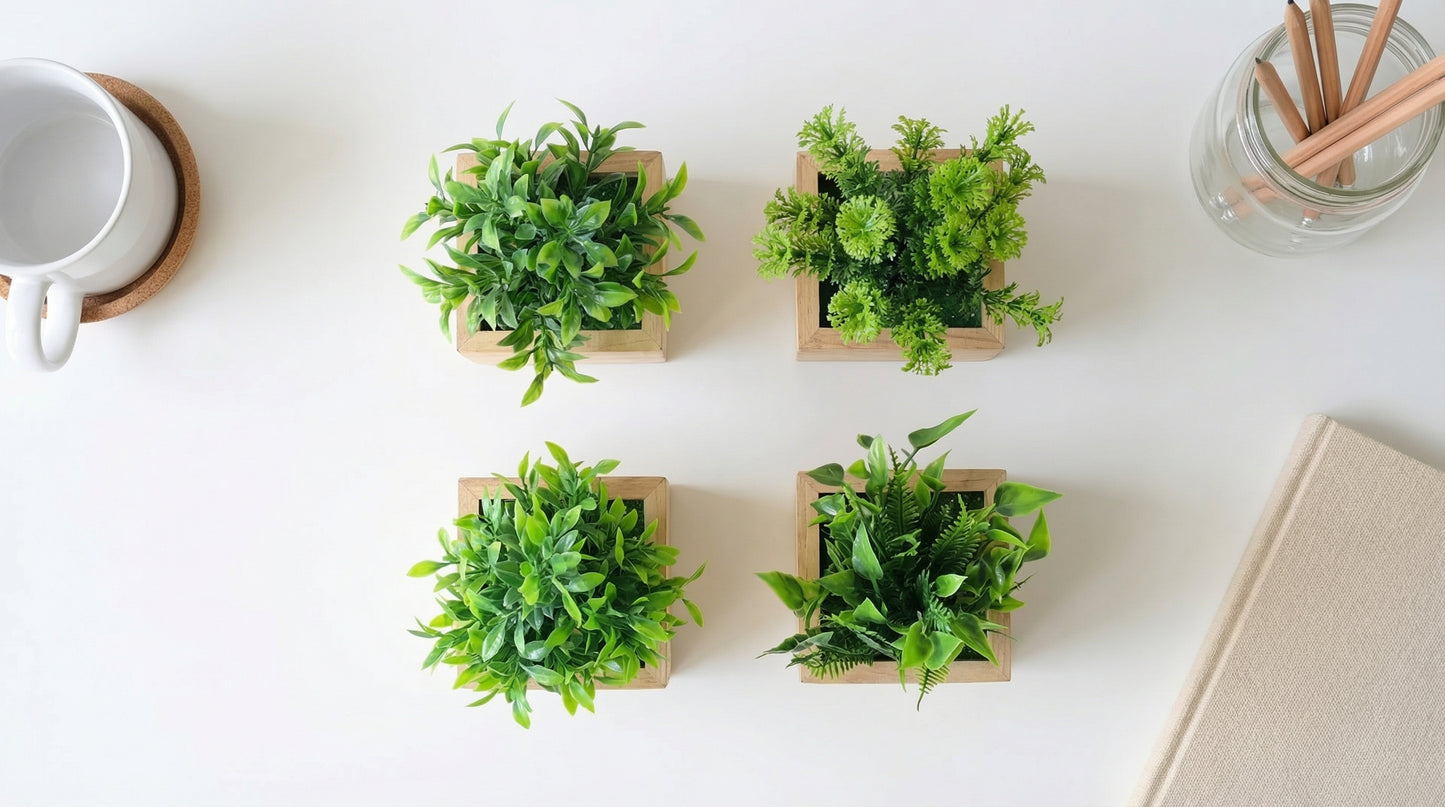 Dekorly Artificial Green Plants Pack of 4 with Wooden Pots | 20 cm Decorative Indoor Tabletop & Shelf Plants for Home, Office & Living Room
