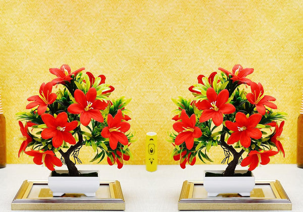 Dekorly Artificial Plants, Plastic Faux for Bathroom Home Office Décor Small bonsai With red flower set of 2