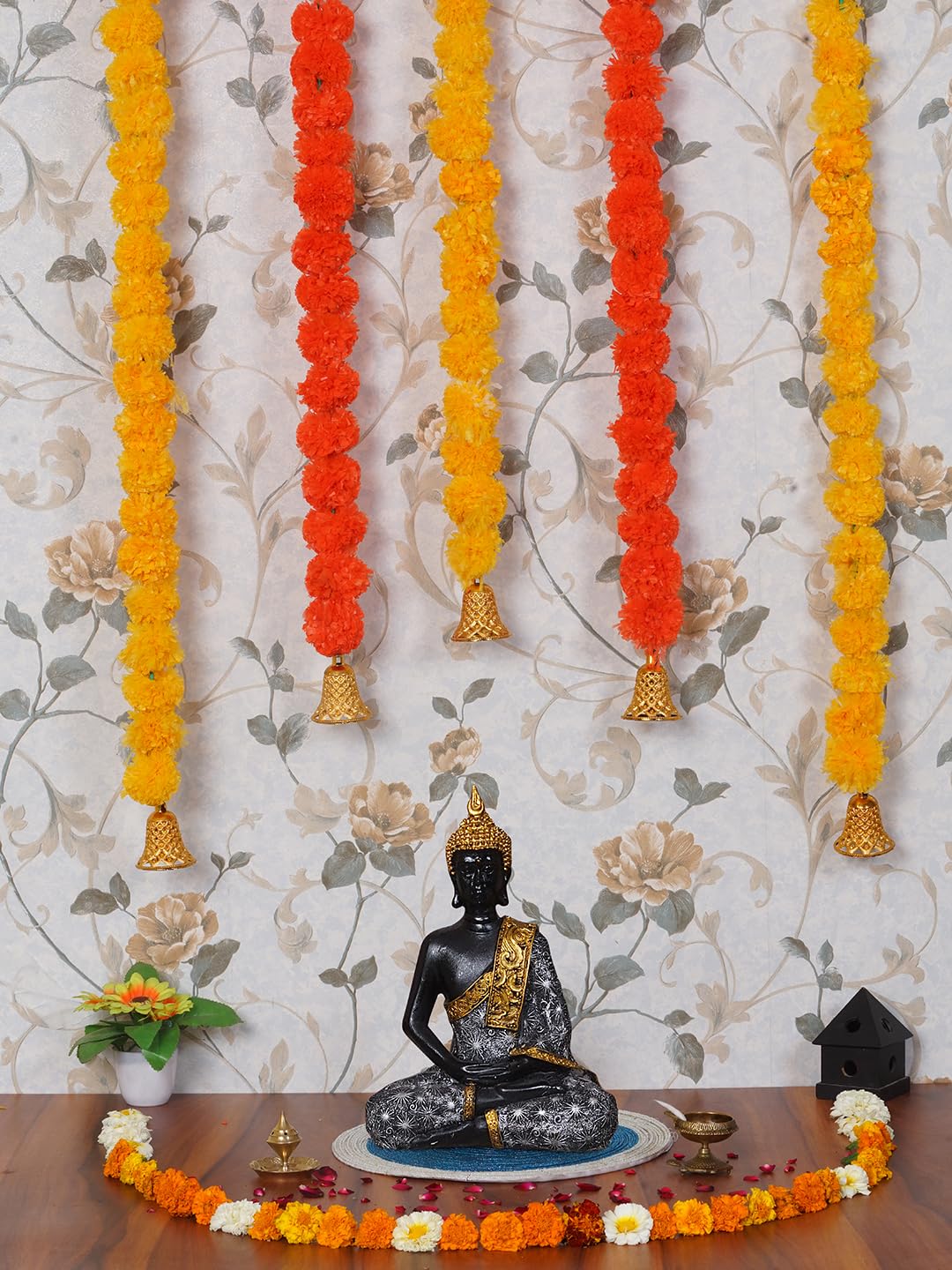Dekorly Artificial Marigold Flowers Garland with Golden Bells For Indoor Outdoor