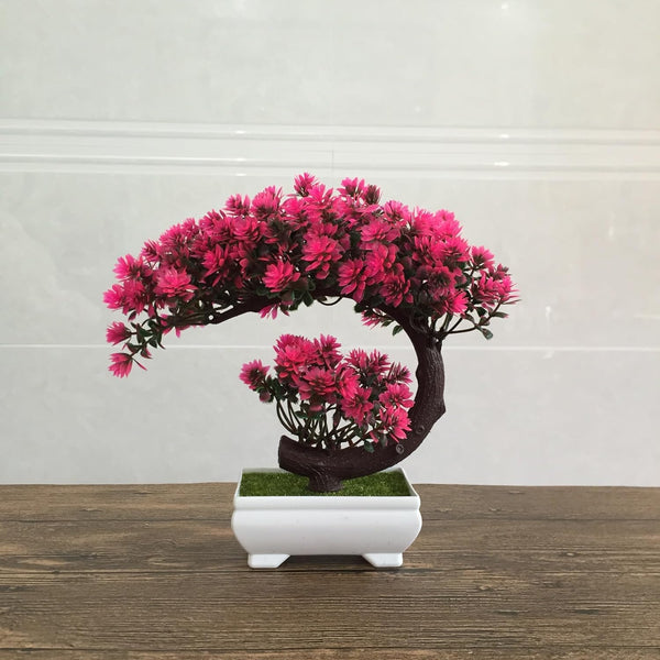Dekorly Small Artificial Bonsai Tree Fake Plant Potted House Plants Dark Pink Bonsai Hand Crafted