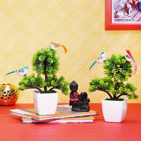 Dekorly Faux Mini Plants Indoor, Plastic Plants, Small Fake Plants Single Color Set of 2 with Birds