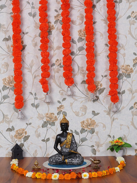 Dekorly Artificial Marigold Flowers Garland with Silver Bells for Home, Office